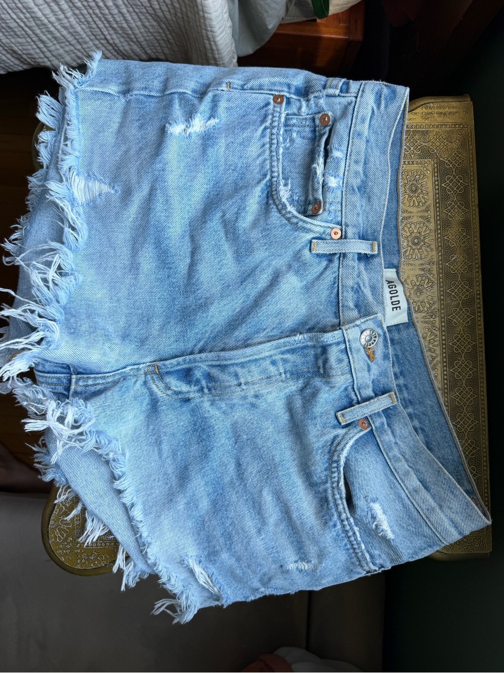 Agolde Light Blue Distressed Denim Cutoff Shorts